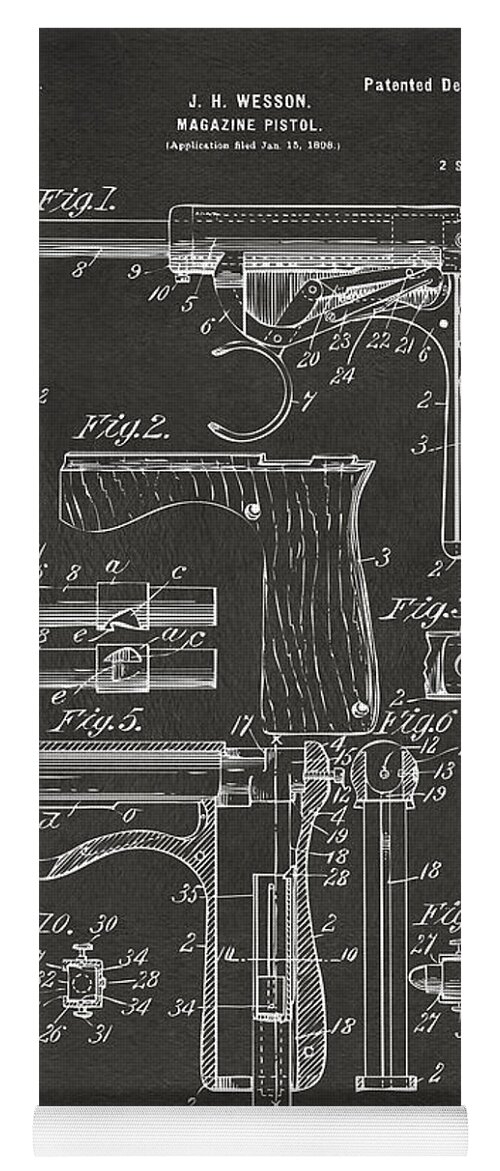 Wesson Pistol Yoga Mat featuring the digital art 1898 Wesson Magazine Pistol Patent Artwork - Gray by Nikki Marie Smith