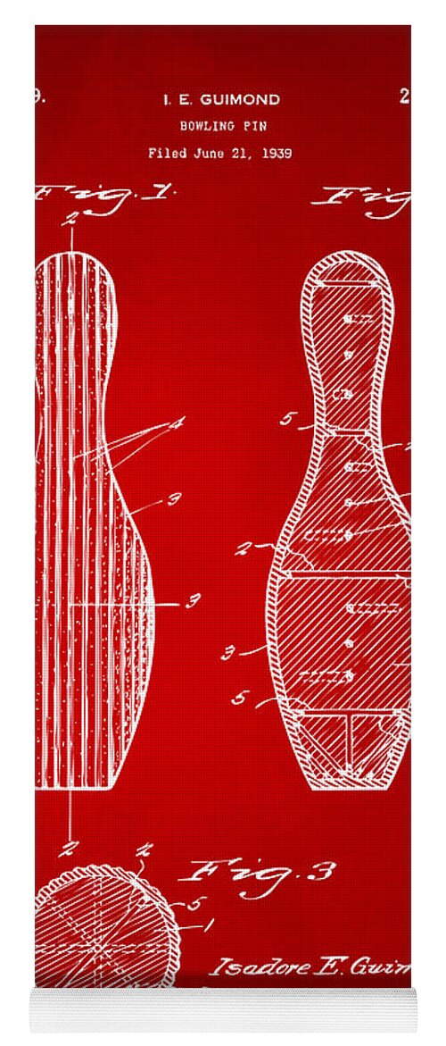 Bowling Yoga Mat featuring the digital art 1939 Bowling Pin Patent Artwork - Red by Nikki Marie Smith