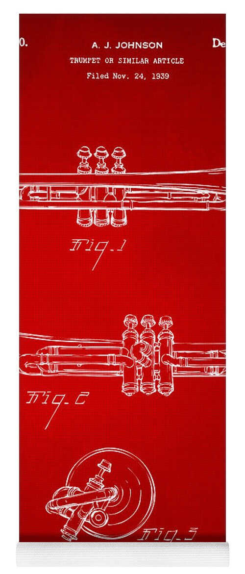 Trumpet Yoga Mat featuring the digital art 1940 Trumpet Patent Artwork - Red by Nikki Marie Smith