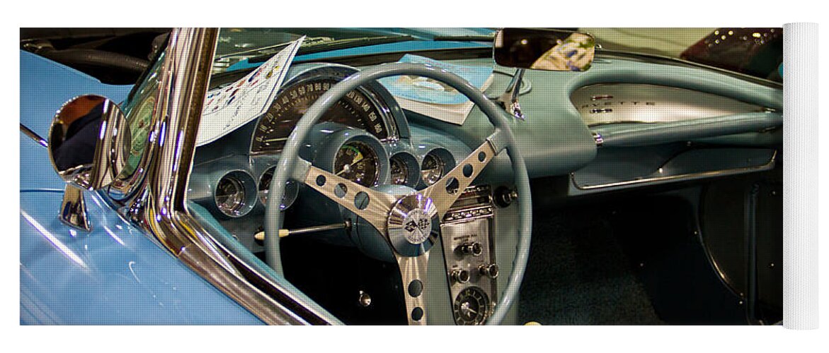 Retro Yoga Mat featuring the photograph 1967 blue Corvette-interior and wheel by Eti Reid