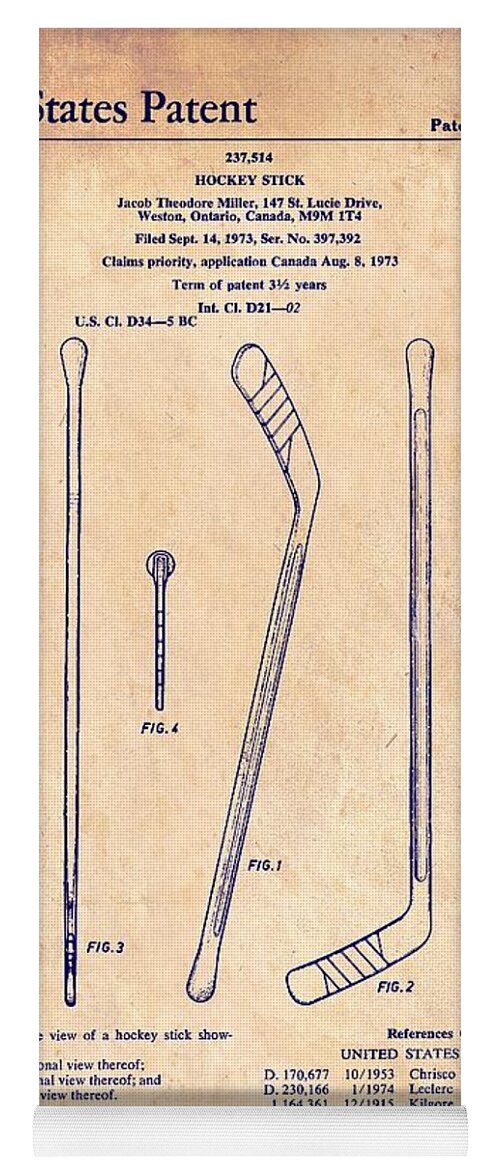 Patent Yoga Mat featuring the drawing Hockey Stick Patent 1975 #2 by Mountain Dreams