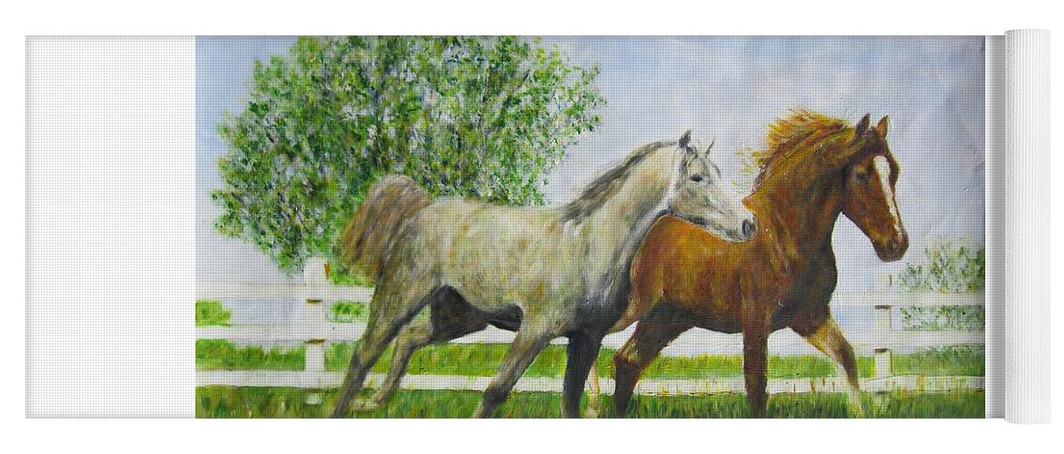 Impressionism Yoga Mat featuring the painting Two Horses Running by White Picket Fence by Glenda Crigger