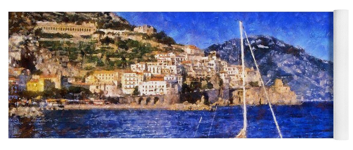 Amalfi Yoga Mat featuring the painting Amalfi town in Italy #5 by George Atsametakis