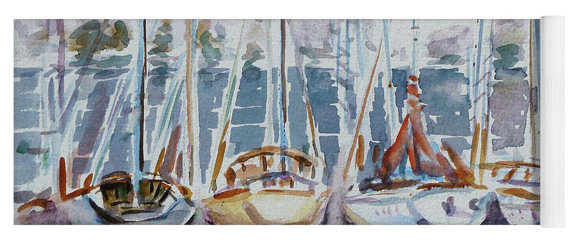 Boats Yoga Mat featuring the painting 4 Boats by Xueling Zou