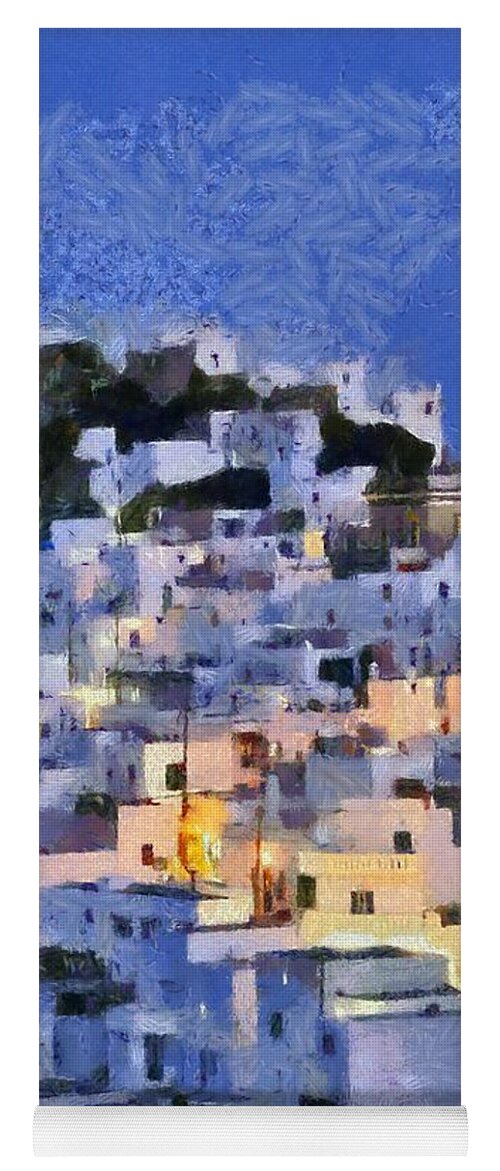 Serifos; Chora; Hora; Village; Town; Greece; Hellas; Greek; Cyclades; Kyklades; Aegean; Islands; Dusk; Twilight; Island; Night; Lights; Holidays; Vacation; Travel; Trip; Voyage; Journey; Tourism; Touristic; Summer; Blue Sky; White; House; Houses; Paint; Painting; Paintings Yoga Mat featuring the painting Serifos town during dusk time by George Atsametakis