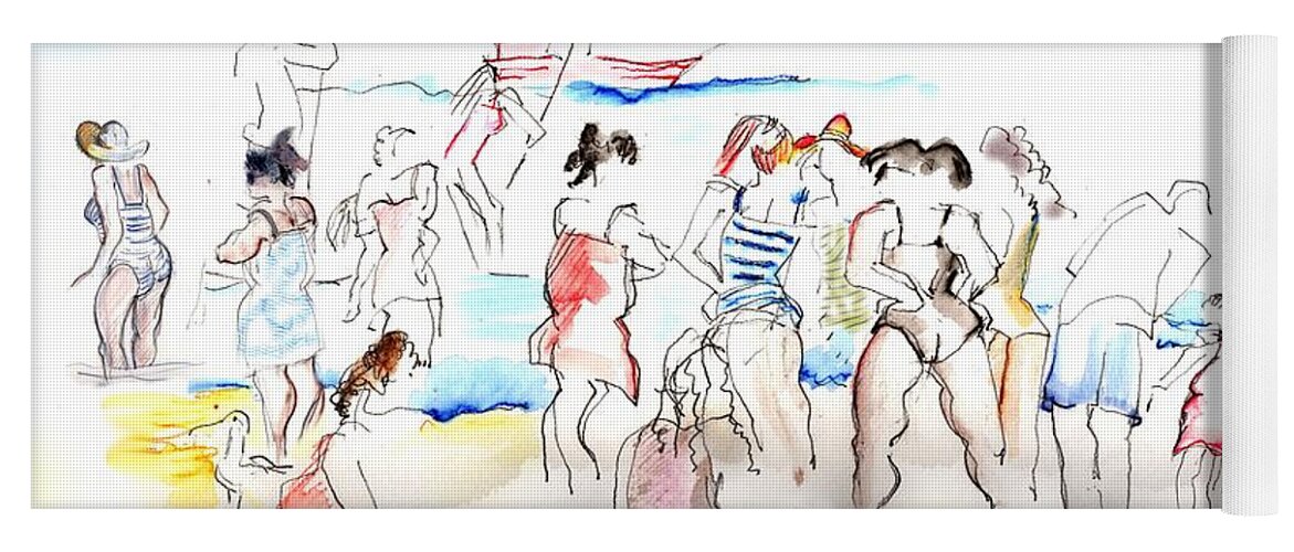 Beach Yoga Mat featuring the painting A Busy Day at the Beach by Carolyn Weltman