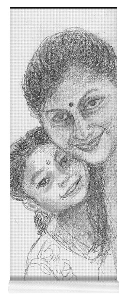 Sketch Yoga Mat featuring the drawing A friend and her daughter by Asha Sudhaker Shenoy