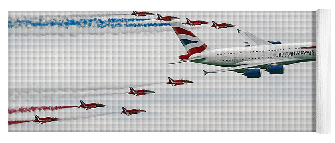 The Red Arrows Yoga Mat featuring the digital art A380 and Red Arrows by Airpower Art