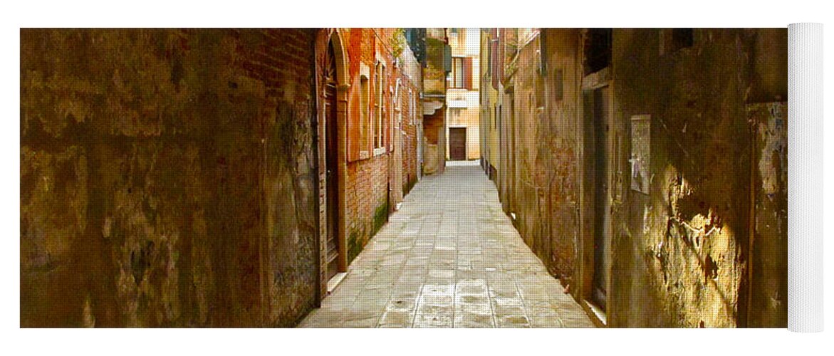 Venice Italy Alley Alleyway Sunlight Soft Sun Rainbow Peace Solitude Walking Sunray Italian Sign Stone Wall Square Rectangle Spiral Yoga Mat featuring the photograph Alley in a Box by Lexi Heft