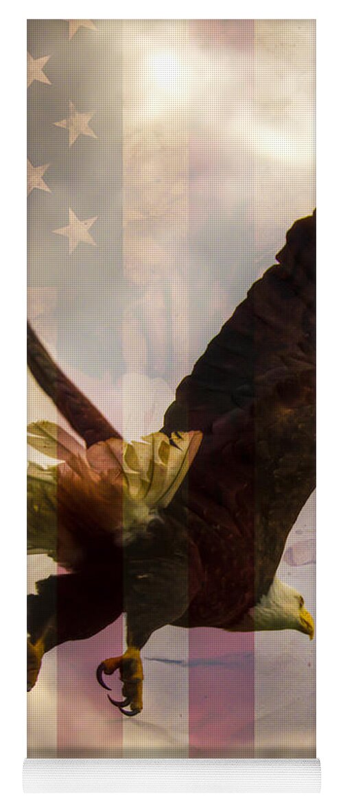 Bald Eagle Yoga Mat featuring the photograph American Bald Eagle In Flight wtih Flag by Natasha Bishop