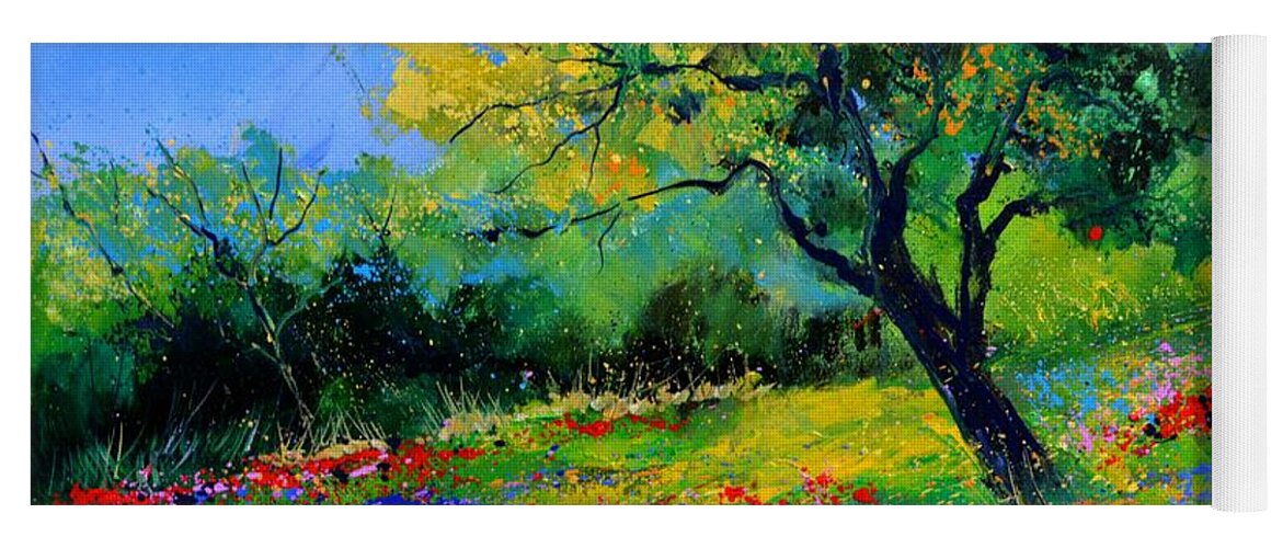 Landscape Yoga Mat featuring the painting An oak amid flowers in Texas by Pol Ledent