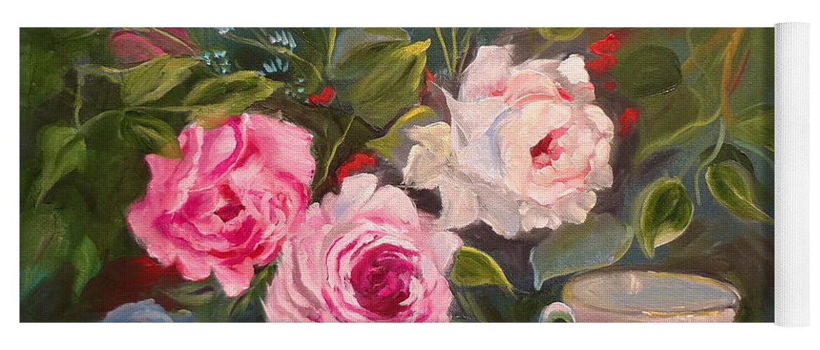 Teacup And Roses Canvas Print Yoga Mat featuring the painting Anyone for Tea? by Jenny Lee