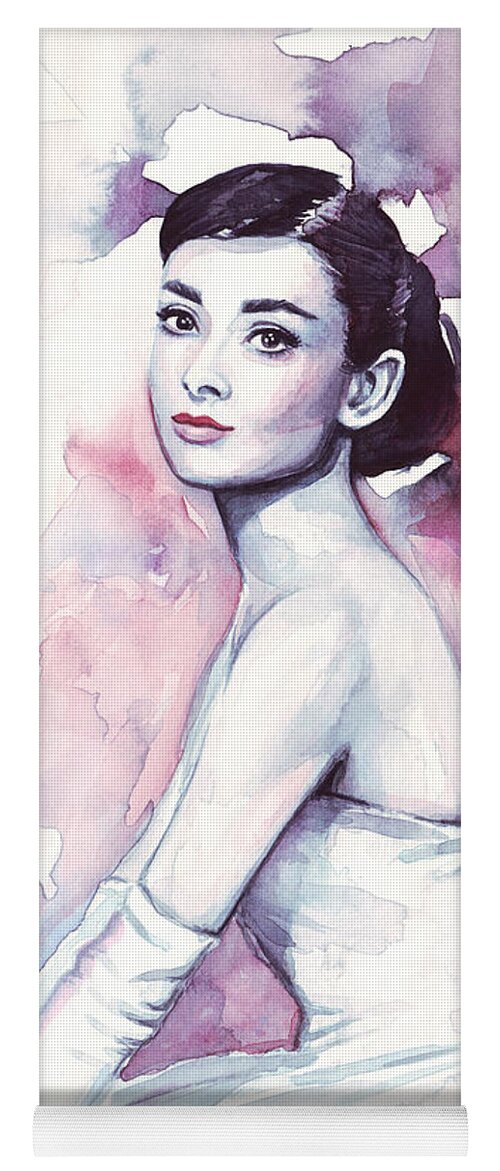 Fashion Watercolor Yoga Mat featuring the painting Audrey Hepburn Portrait by Olga Shvartsur