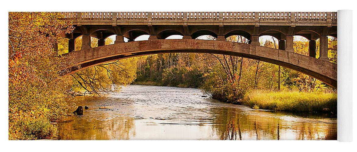 Autumn Bridge Yoga Mat featuring the photograph Autumn Bridge Landscape by Gwen Gibson