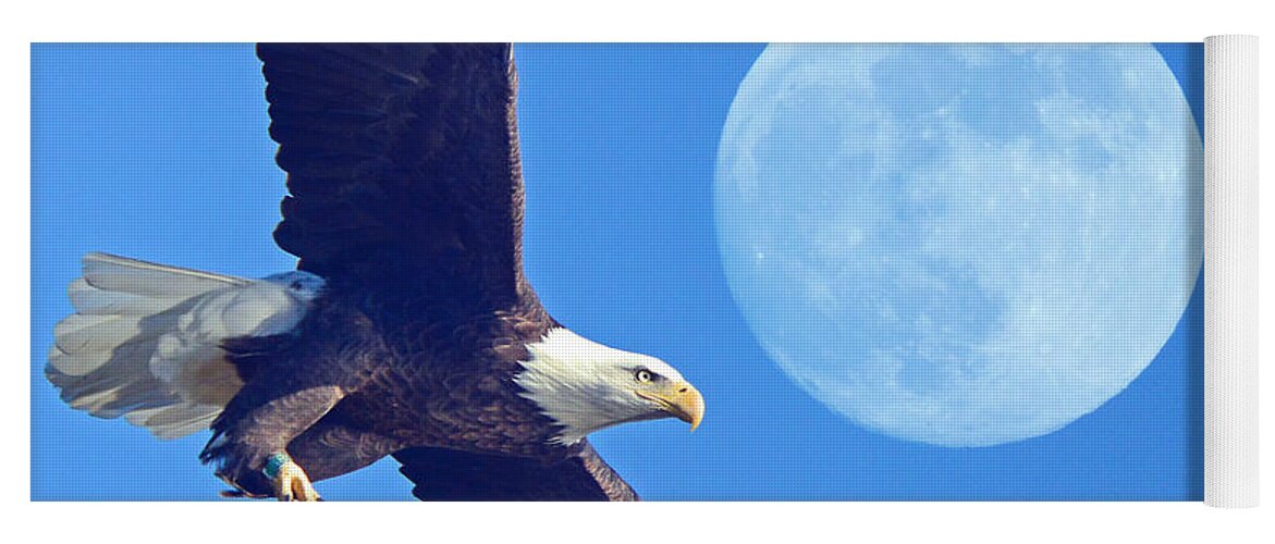 Bald Eagle And Full Moon Yoga Mat featuring the photograph Bald Eagle and Full Moon by Raymond Salani III