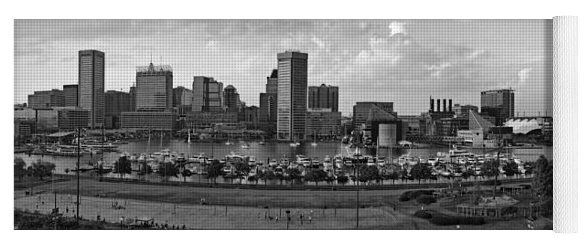 Baltimore Skyline Yoga Mat featuring the photograph Baltimore Harbor Skyline Panorama BW by Susan Candelario