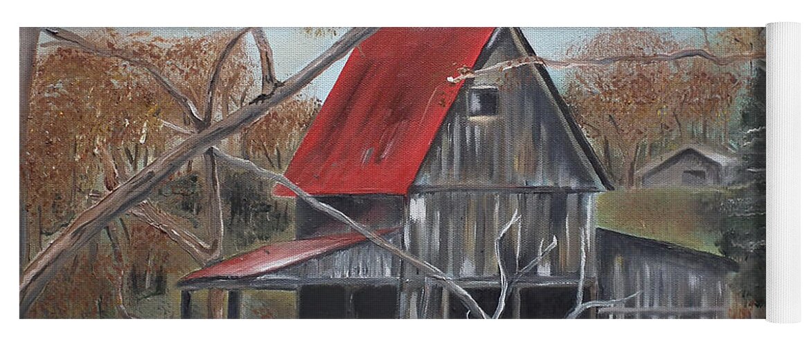 Barn Yoga Mat featuring the painting Barn - Red Roof - Autumn by Jan Dappen