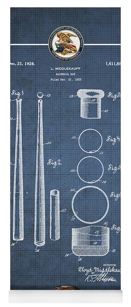 C7 Sports Patents And Blueprints Yoga Mat featuring the digital art Baseball bat by Lloyd Middlekauff - Vintage Patent Blueprint by Serge Averbukh