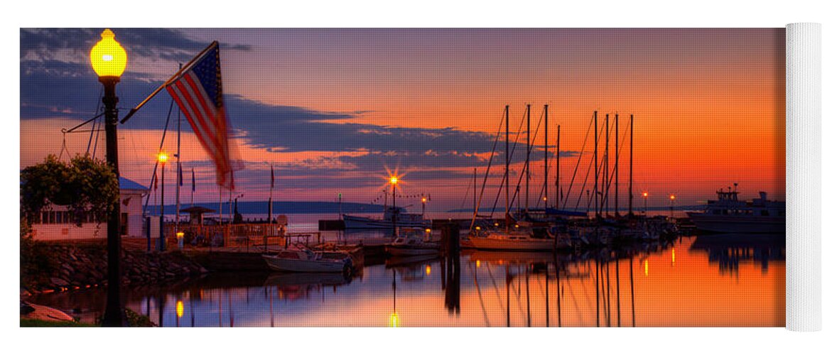 Apostle Islands Yoga Mat featuring the photograph Bayfield Wisconsin Fire in the sky over the harbor by Wayne Moran