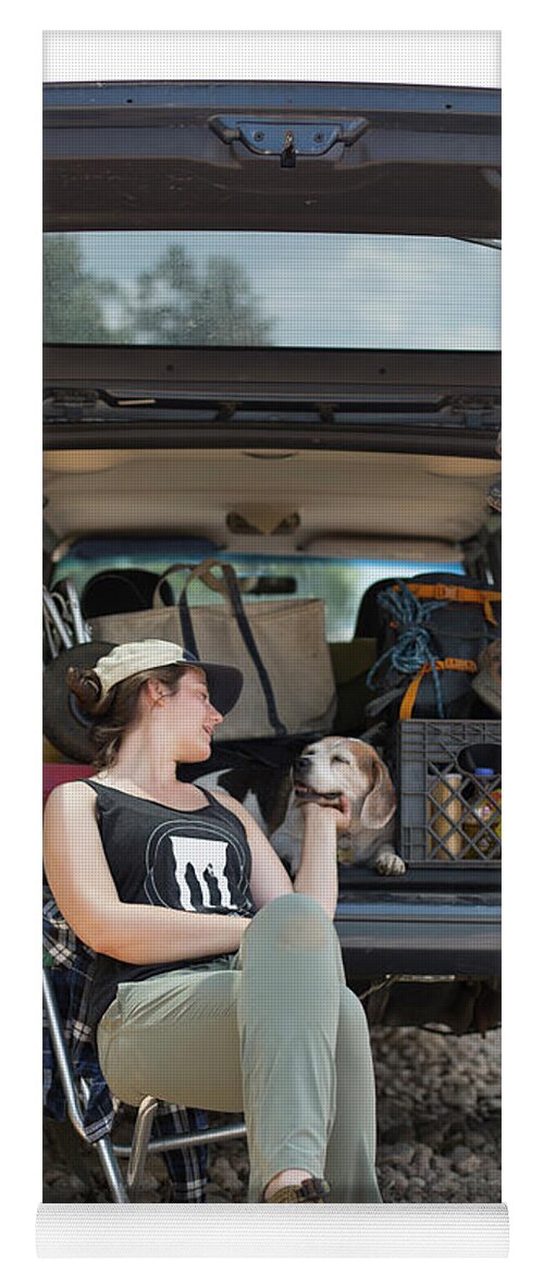 Luggage Yoga Mat featuring the photograph Beagle And Young Woman Go On A Road by Natasha Shapiro