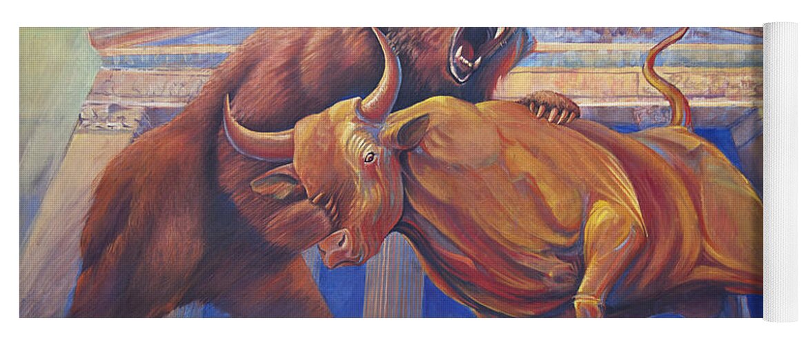 Wall Art. Wildlife Paintings Yoga Mat featuring the painting Bear vs Bull by Robert Corsetti