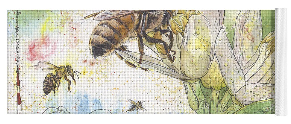 Bees Yoga Mat featuring the painting Bees and Lemon Blossom by Petra Rau
