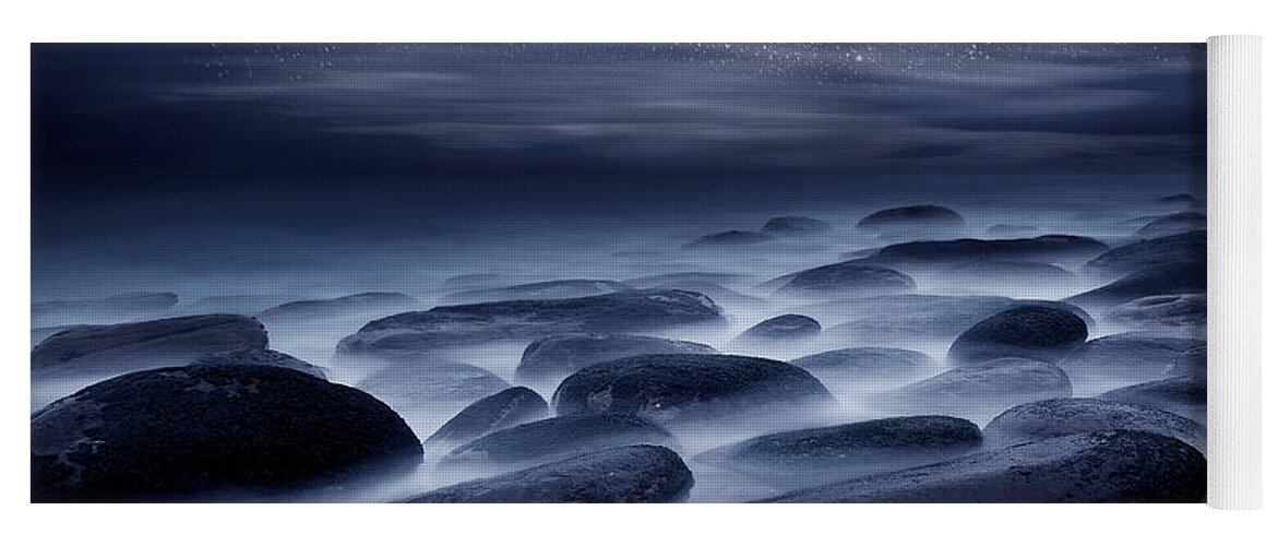 Night Beach Stars Portugal Waterscape Mood Ocean Scenic Landscape Sea Rocks Water Seascape Clouds Blue Longexposure Nature Europe European Milky Way Yoga Mat featuring the photograph Beyond our Imagination by Jorge Maia