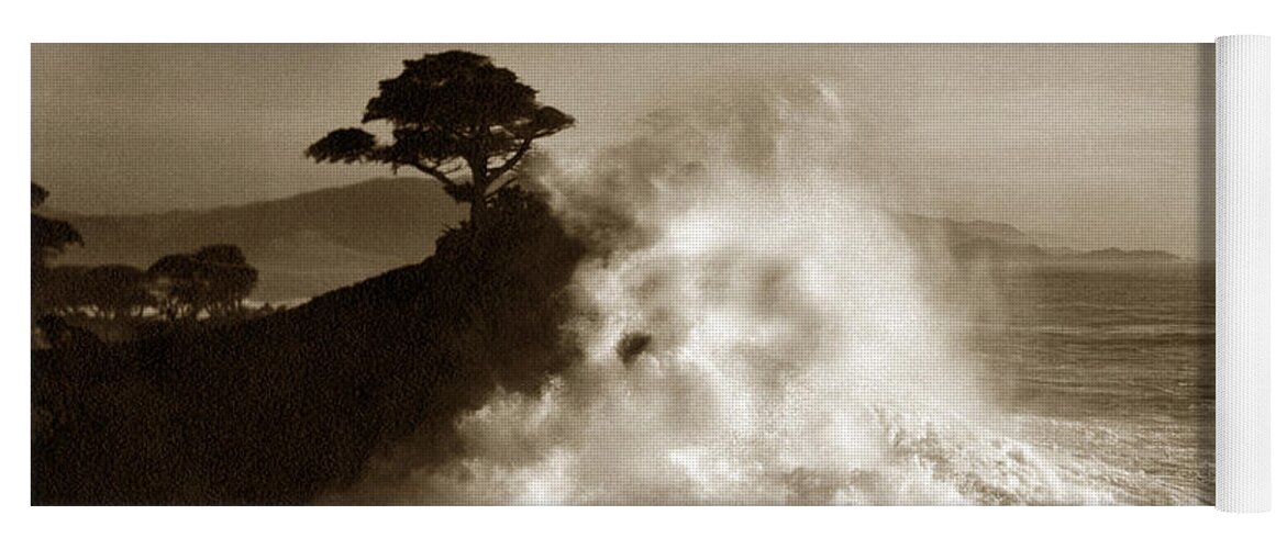 Big Wave Yoga Mat featuring the photograph Big Wave hitting the Lone Cypress Tree Pebble Beach California 1916 by Monterey County Historical Society