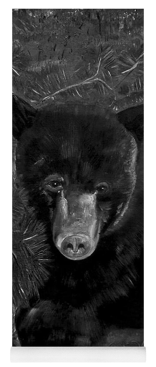 Black Bear Yoga Mat featuring the painting Black Bear - Scruffy - Black and White Cropped Portrait by Jan Dappen