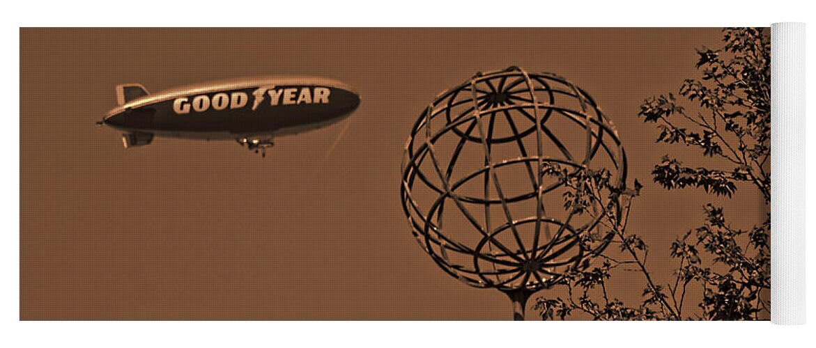 Sepia Yoga Mat featuring the photograph Blimp over USC by Tommy Anderson