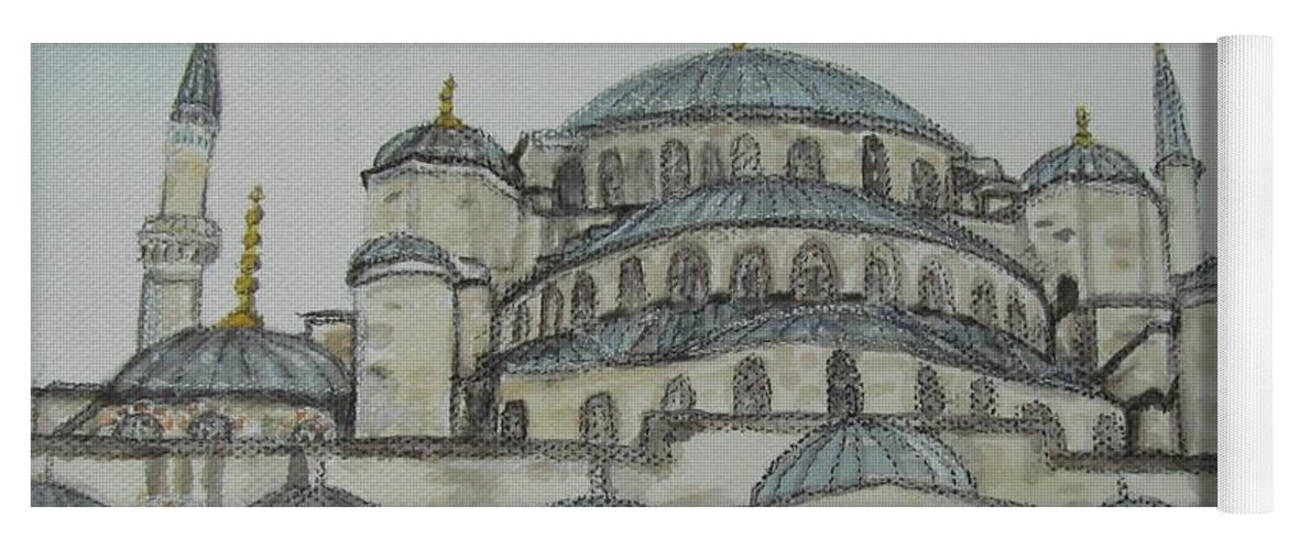 Watercolour Paintings Yoga Mat featuring the painting Blue Mosque Istanbul Turkey by Malinda Prud'homme