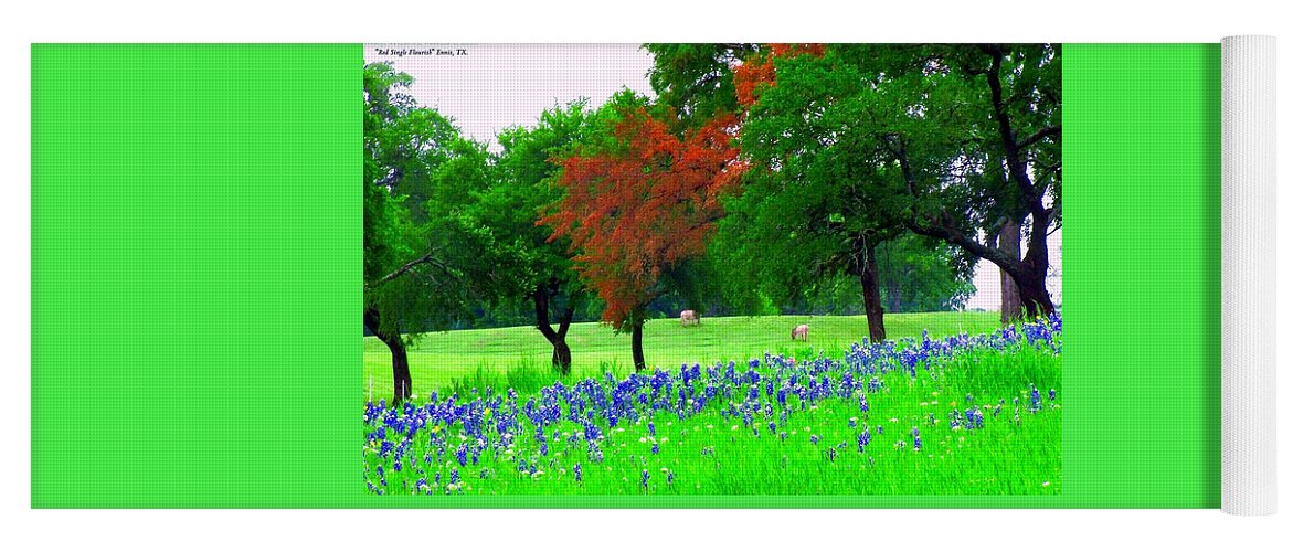 Spring Landscape Bluebonnets Yoga Mat featuring the digital art Bluebonnets With Red Flourish by Pamela Smale Williams
