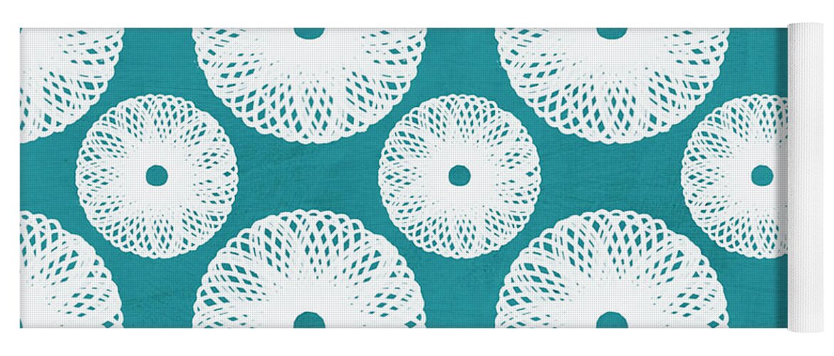 Boho Yoga Mat featuring the mixed media Boho Floral Blue and White by Linda Woods