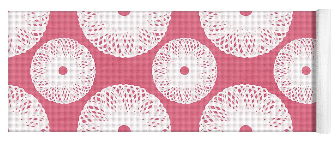 Boho Yoga Mat featuring the mixed media Boho Floral Pattern in Pink and White by Linda Woods