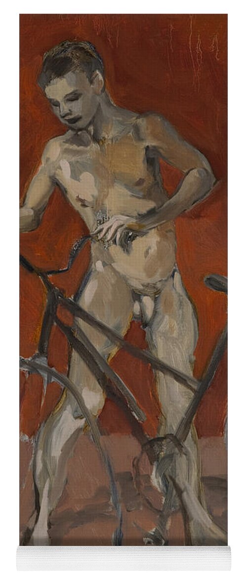 Boy Yoga Mat featuring the painting Boy with bicycle red oxide by Peregrine Roskilly