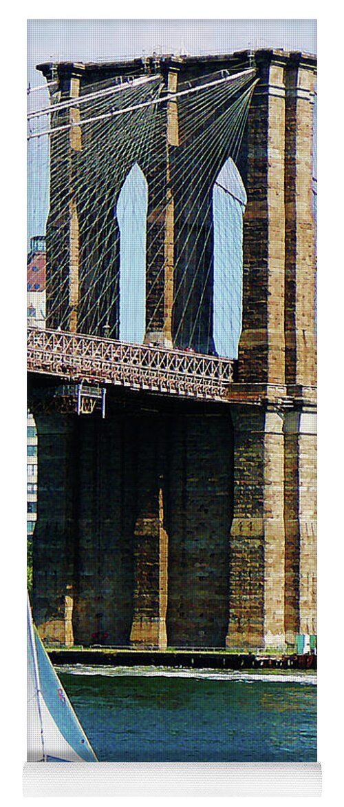 Boat Yoga Mat featuring the photograph Bridge - Sailboat by the Brooklyn Bridge by Susan Savad