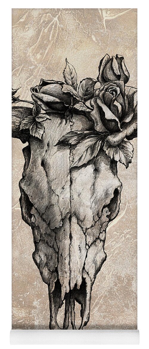 Bull Skull Yoga Mat featuring the drawing Bull Skull and Rose by Emerico Imre Toth