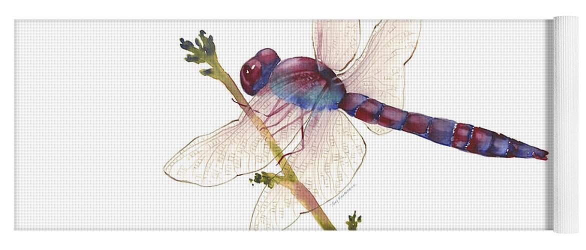 Red Yoga Mat featuring the painting Burgundy Dragonfly by Amy Kirkpatrick