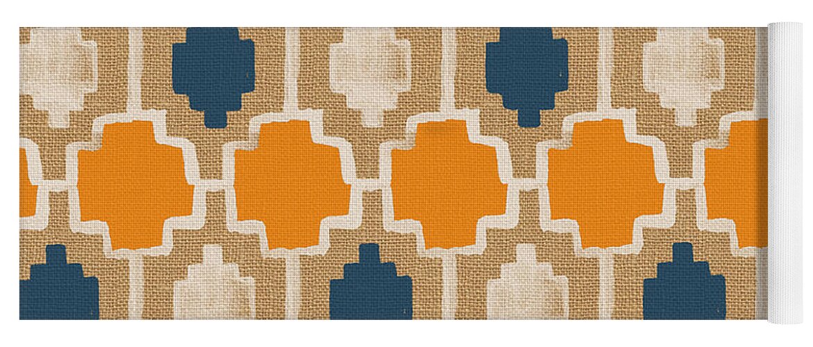 Abstract Pattern Yoga Mat featuring the painting Burlap Blue and Orange design by Linda Woods