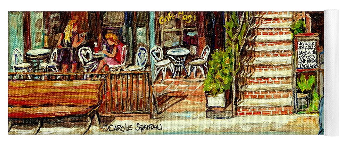 New York Yoga Mat featuring the painting Cafe Mogador Moroccan Mediterranean Cuisine New York Paintings East Village Storefronts Street Scene by Carole Spandau