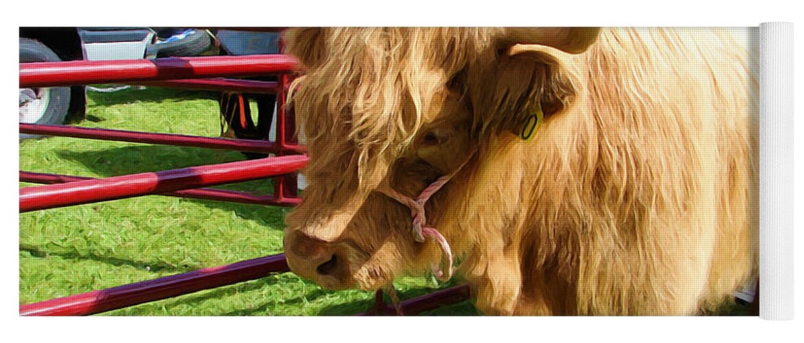 Highland Cattle Yoga Mat featuring the digital art Caged Coo by Gary Olsen-Hasek