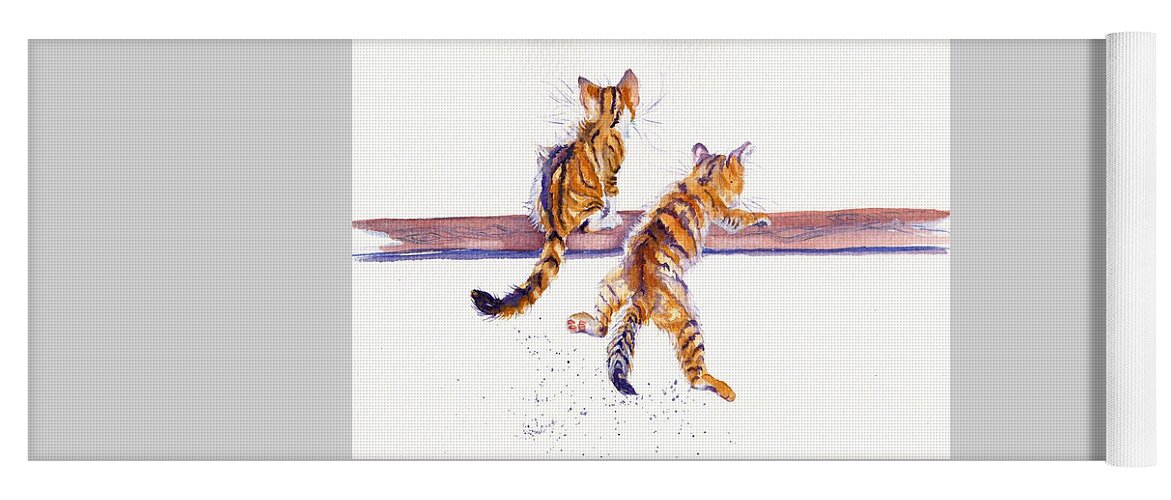 Kittens Yoga Mat featuring the painting Cat-astrophe - two naughty kittens by Debra Hall