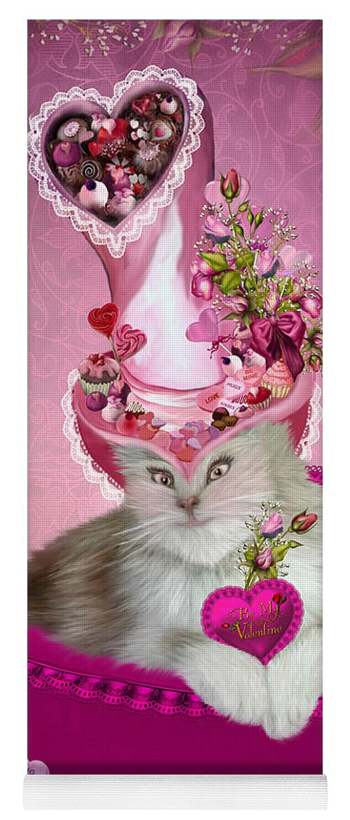 Cat Art Yoga Mat featuring the mixed media Cat In Valentine Candy Hat by Carol Cavalaris