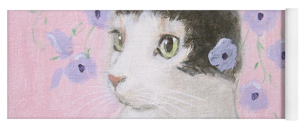 Tuxedo Cat Yoga Mat featuring the painting Cat with Purple Flowers by Kazumi Whitemoon