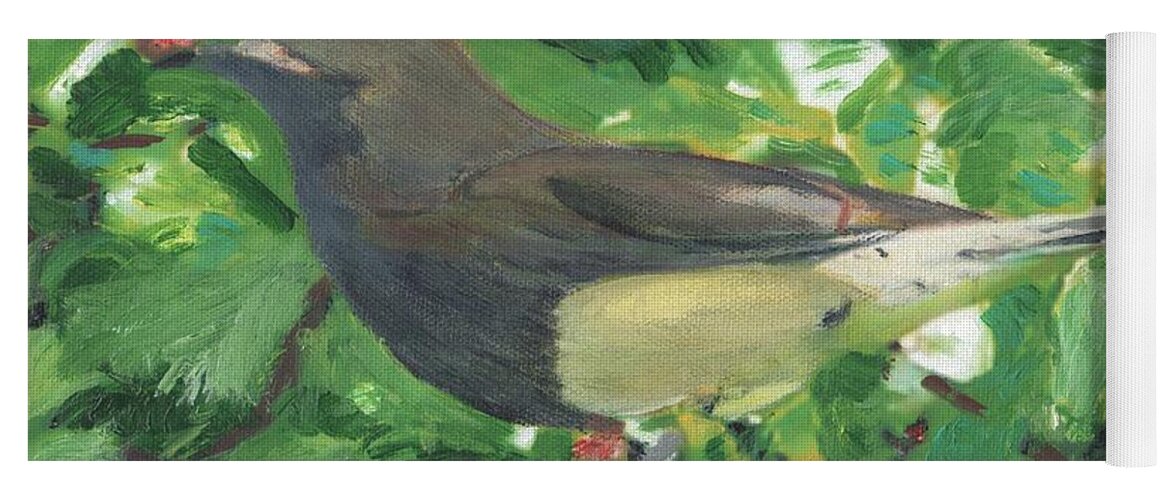Bird Yoga Mat featuring the painting Cedar Waxwing Eating Mulberry by Cliff Wilson