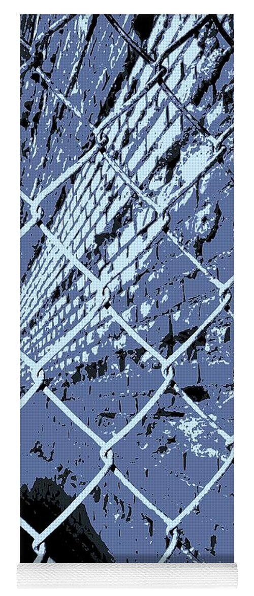 Detroit Yoga Mat featuring the photograph Chainlink and A Wall in blue by Daniel Thompson