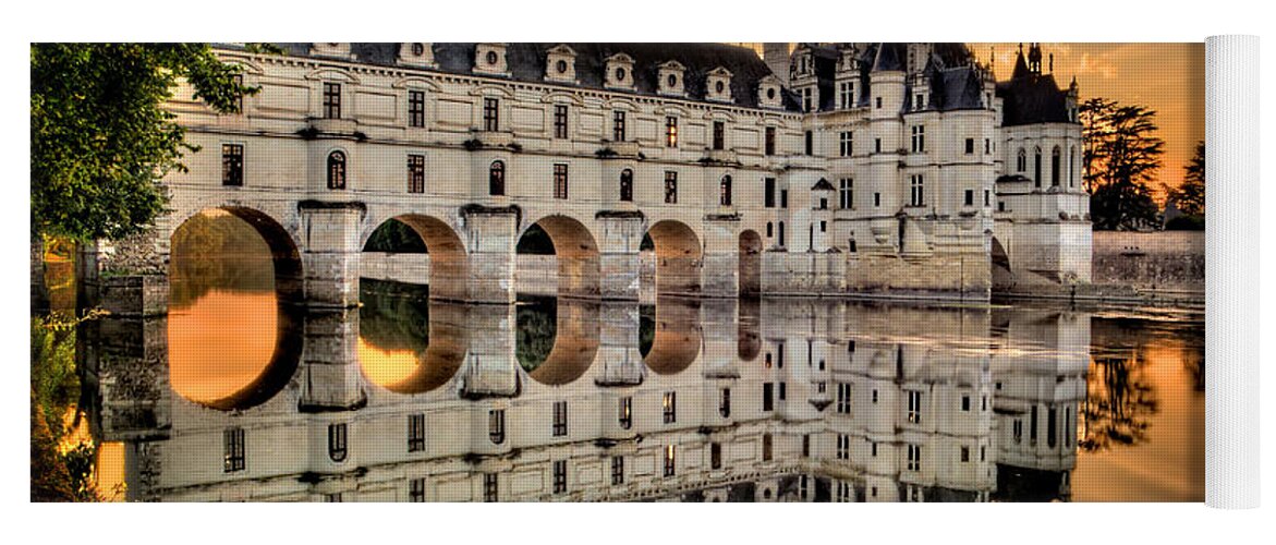 Chateau De Chenonceau Yoga Mat featuring the photograph Chenonceau Castle in the twilight panorama by Weston Westmoreland