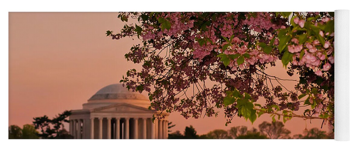 America Yoga Mat featuring the photograph Cherry Blossoms Framing the Jefferson Memorial at Sunset by Mitchell R Grosky