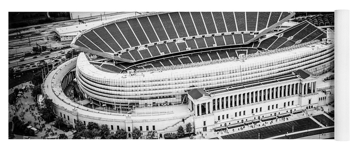 America Yoga Mat featuring the photograph Chicago Soldier Field Aerial Picture in Black and White by Paul Velgos