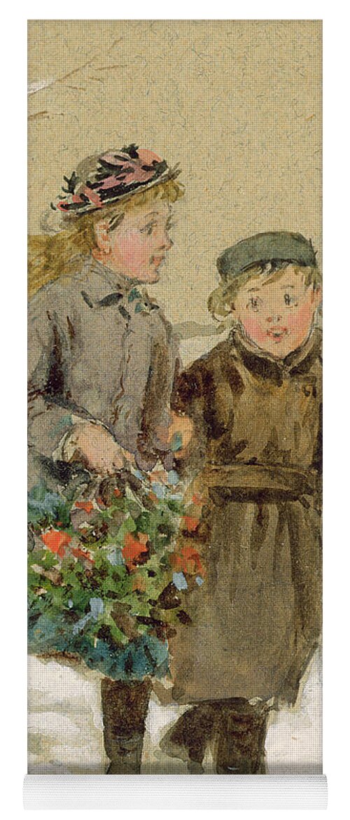 Girls; Young; Winter; Christmas; Bunches; Picking; Gathering; Victorian Yoga Mat featuring the painting Children Playing in the Snow by George Kilburne